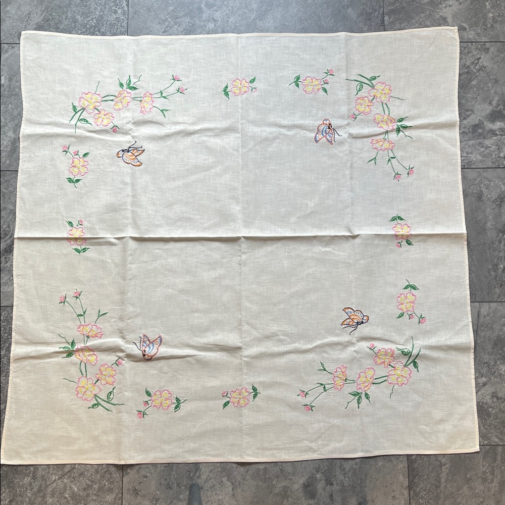 Vintage square embroidered table cloth, likely to be for a card table 38” X 39”